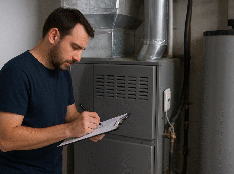 Repair or Replace HVAC decision guide showing homeowner evaluating heating and cooling system options