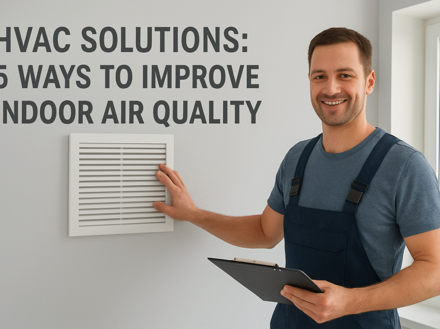 “HVAC technician inspecting an indoor air vent as part of HVAC Solutions to improve indoor air quality and home ventilation.”