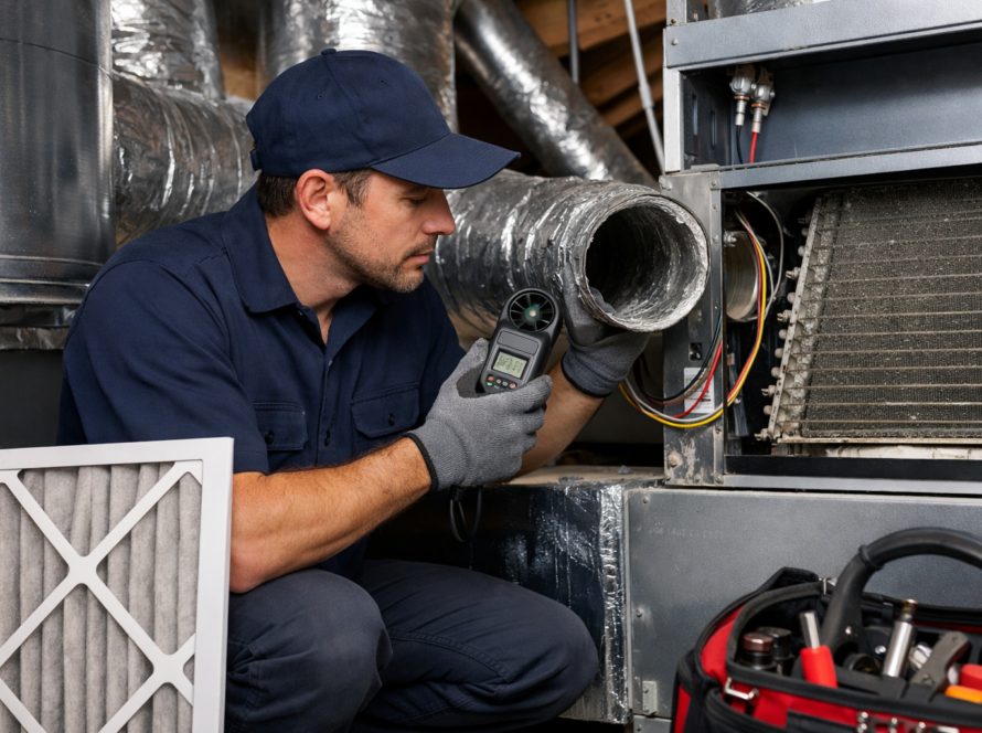 Poor Airflow in HVAC system being inspected and repaired by a professional technician