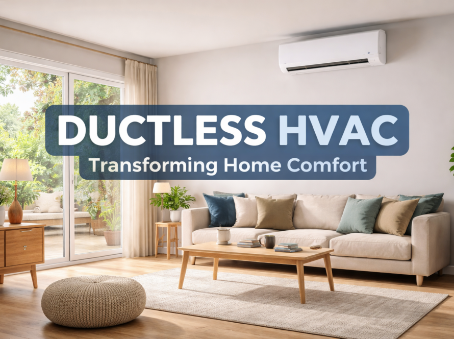 Ductless HVAC system installed in a modern living room with clean, bright design and comfortable furnishings.