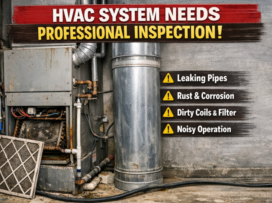 HVAC System showing visible signs of damage including leaking pipes, rusted components, dirty coils, and filters requiring professional inspection