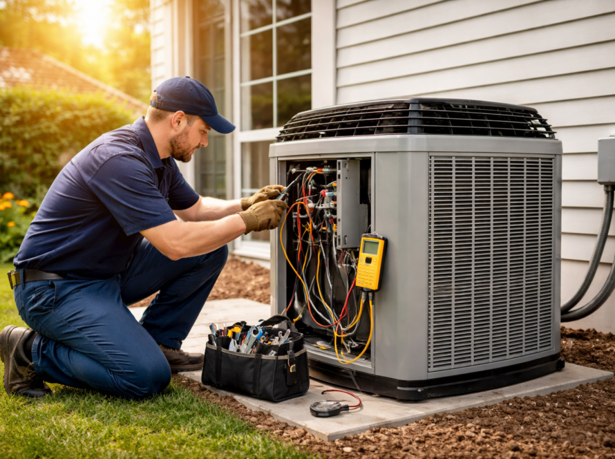 HVAC Installation by a professional technician working on a modern air conditioning unit