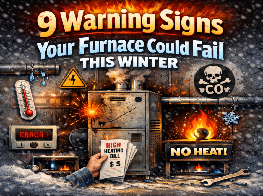 Your furnace showing warning signs of failure in winter, including smoke, sparks, error display, high heating bill notice, and no heat message.