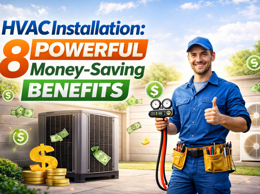 HVAC Installation by a professional technician showing energy-efficient air conditioning units and money-saving benefits