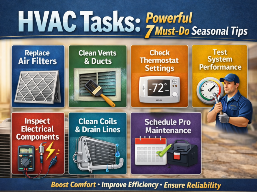 HVAC Tasks infographic showing 7 essential seasonal maintenance tips for homeowners, including air filters, vents, thermostat, coils, electrical components, and professional maintenance