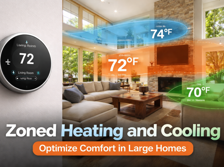 Zoned Heating and Cooling system displayed on a smart thermostat controlling different temperature zones in a large modern home