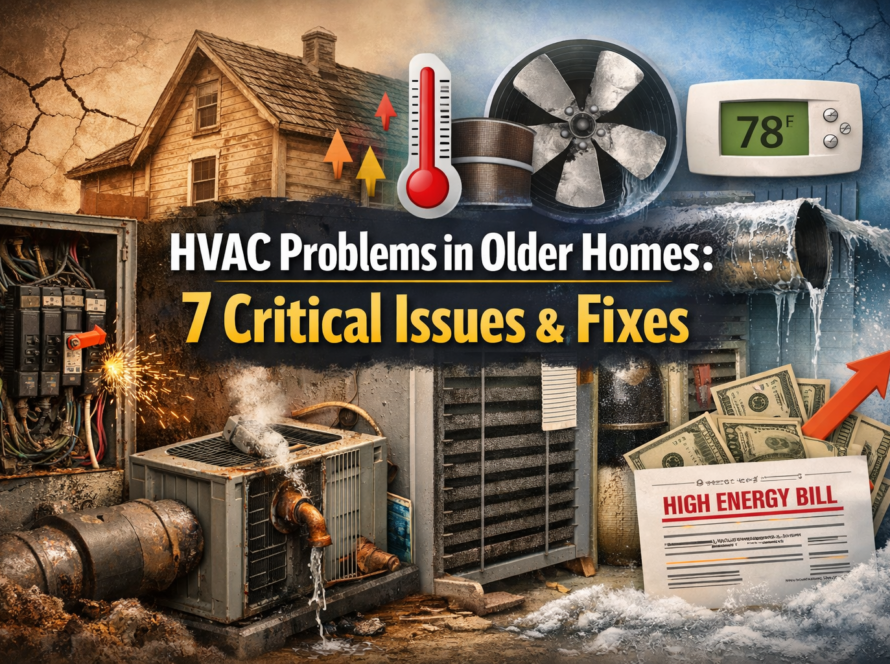 HVAC Problems in Older Homes: illustration showing leaky ducts, outdated HVAC units, and high energy bills