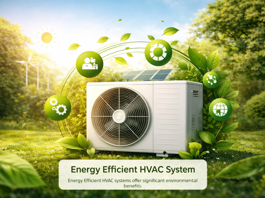 Energy Efficient HVAC system surrounded by greenery and eco-friendly symbols