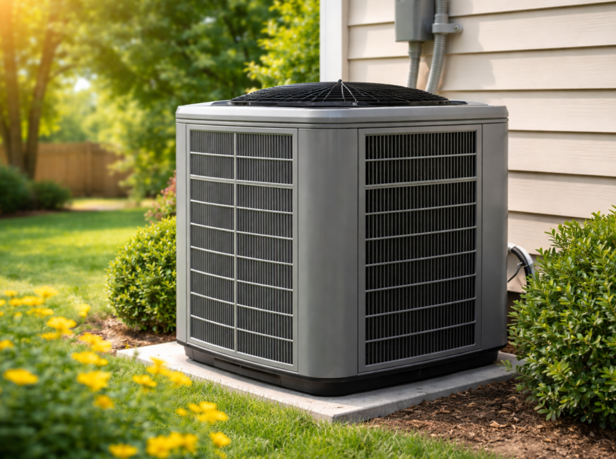 Air Conditioner unit placed outside a modern house with green lawn and bushes