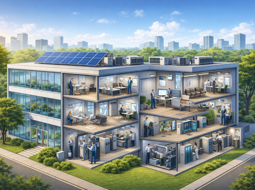 HVAC Energy Costs modern commercial building with rooftop solar panels and high-efficiency HVAC systems in cross-section view