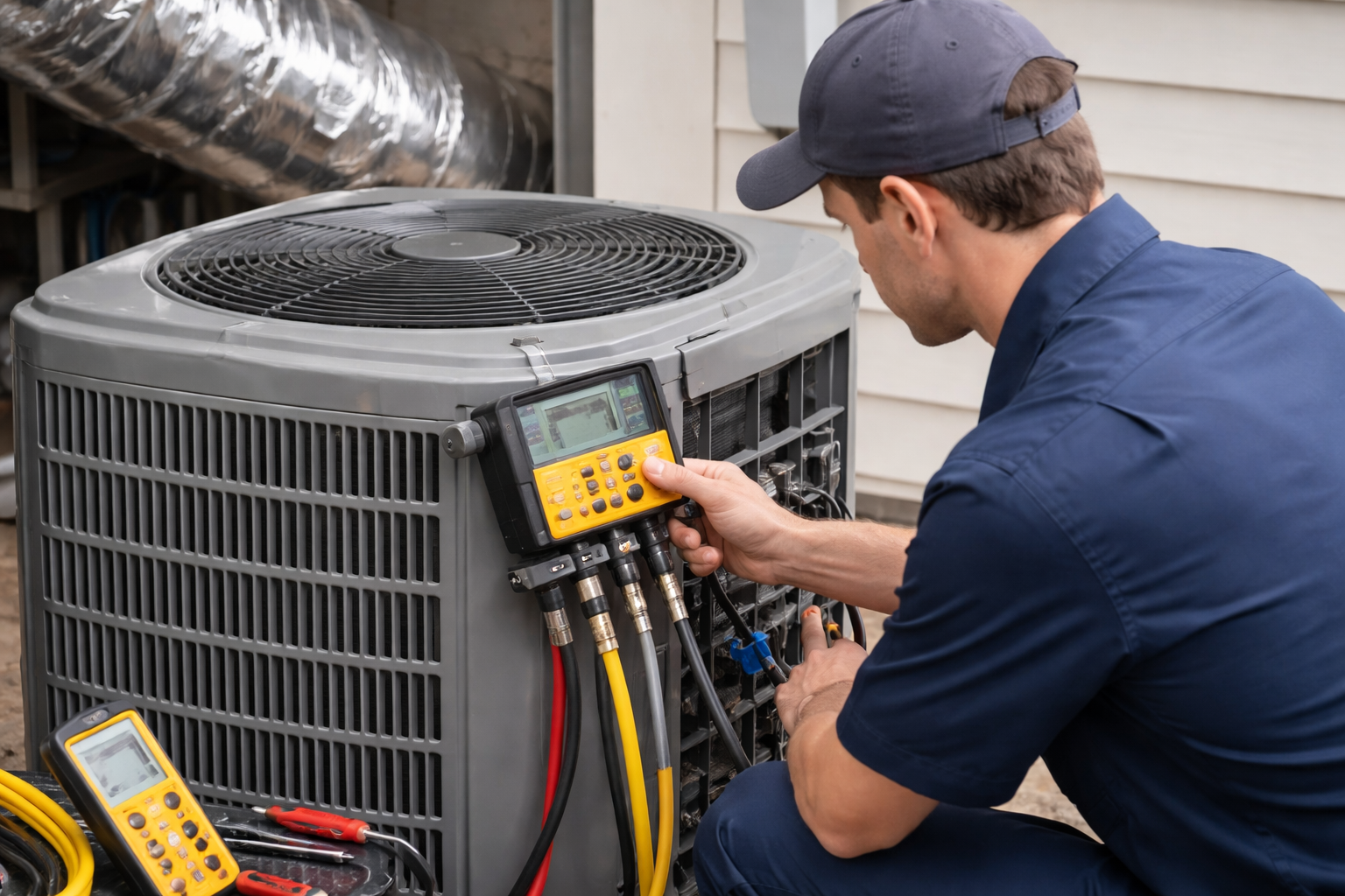 Electricity Bills: HVAC technician inspecting a central air conditioning unit to improve energy efficiency